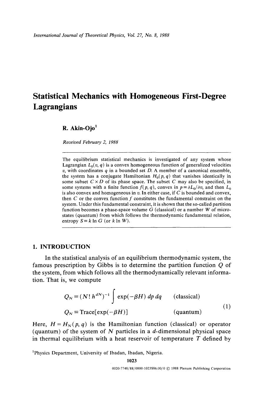 Statistical mechanics with homogeneous first-degree Lagrangians by Unknown
