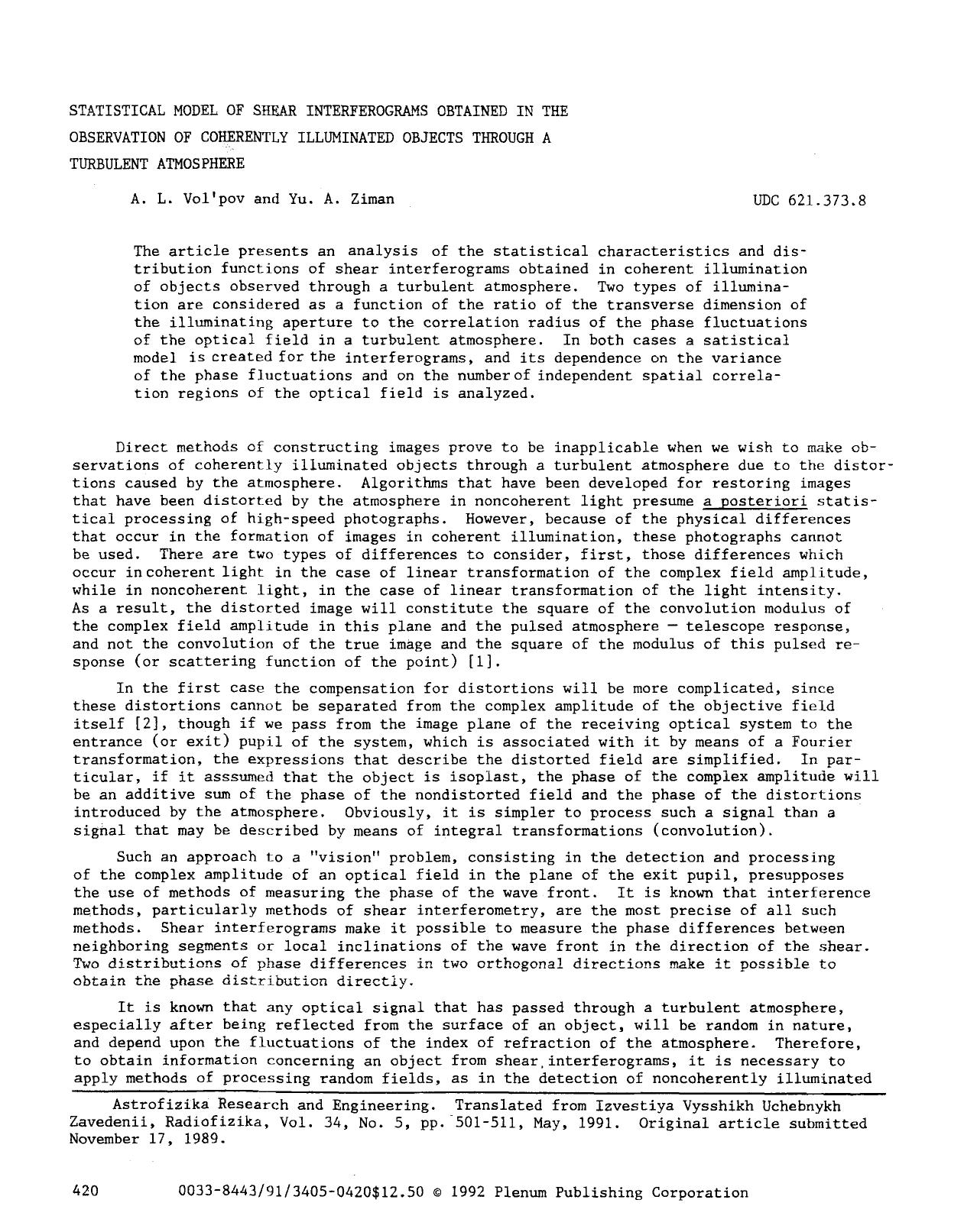 Statistical model of shear interferograms obtained in the observation of coherently illuminated objects through a turbulent atmosphere by Unknown
