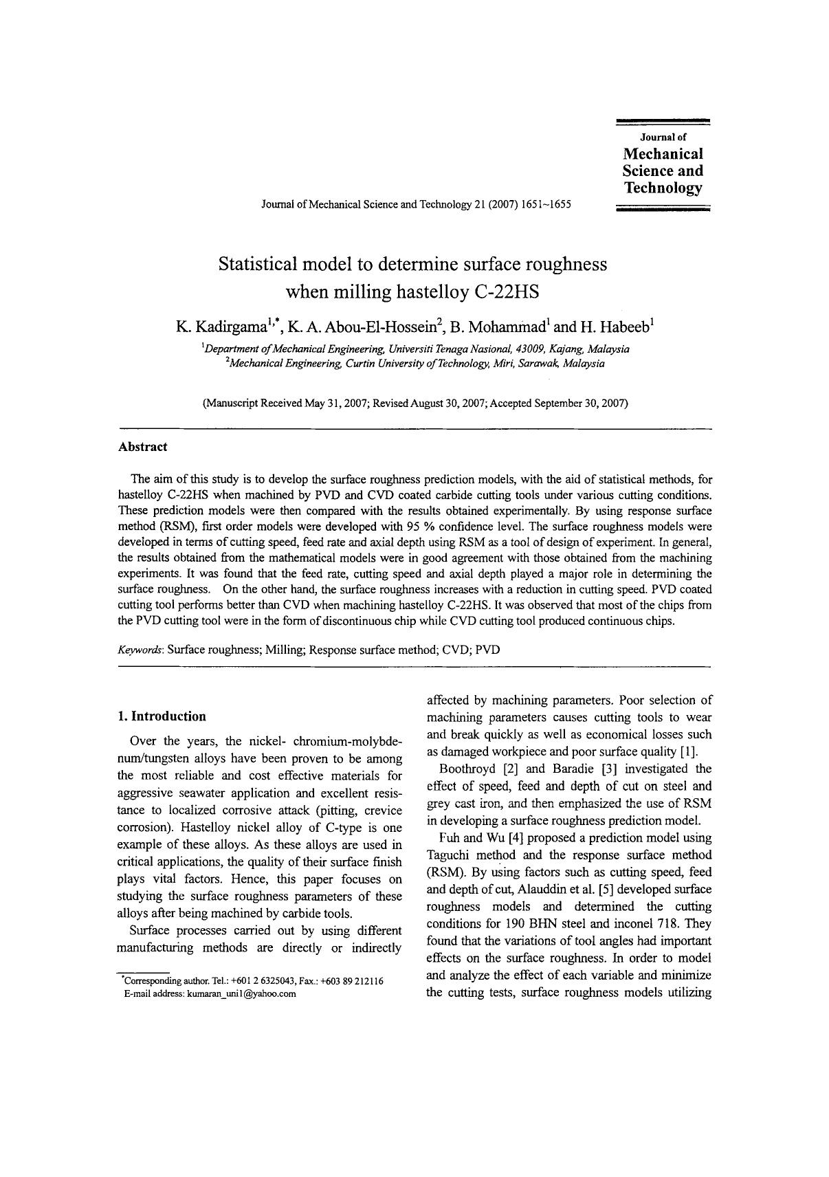 Statistical model to determine surface roughness when milling hastelloy C-22HS by Unknown