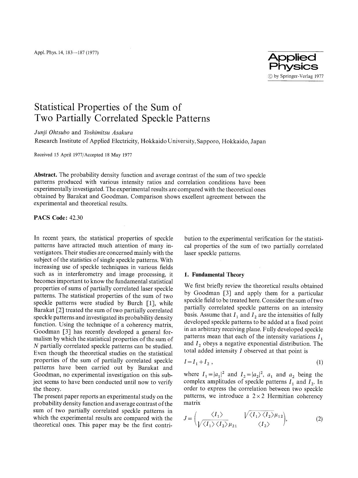 Statistical properties of the sum of two partially correlated speckle patterns by Unknown