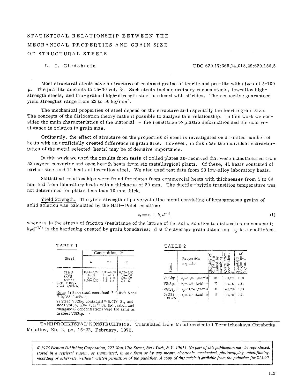 Statistical relationship between the mechanical properties and grain size of structural steels by Unknown