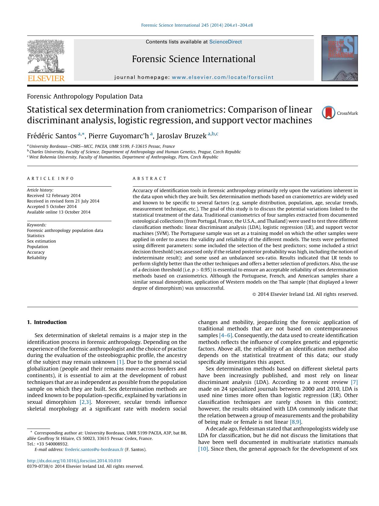 Statistical sex determination from craniometrics: Comparison of linear discriminant analysis, logistic regression, and support vector machines by Frédéric Santos & Pierre Guyomarc’h & Jaroslav Bruzek