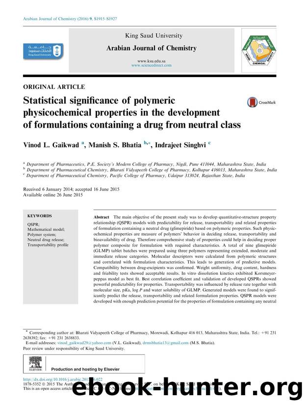 Statistical significance of polymeric physicochemical properties in the development of formulations containing a drug from neutral class by Vinod L. Gaikwad & Manish S. Bhatia & Indrajeet Singhvi