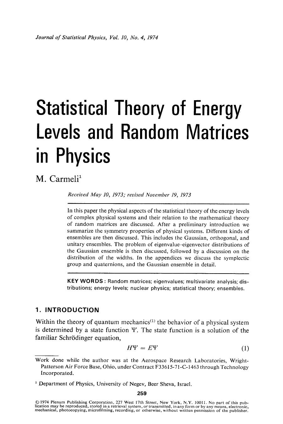 Statistical theory of energy levels and random matrices in physics by Unknown