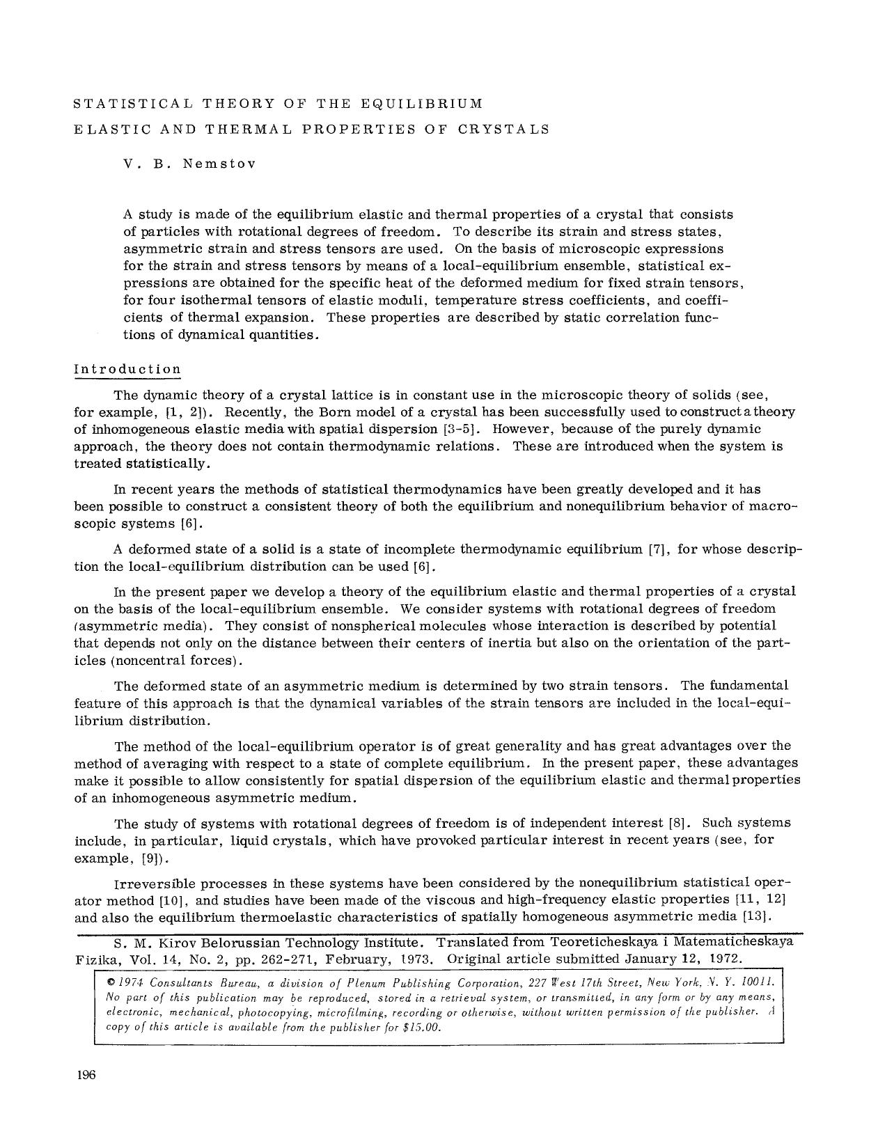 Statistical theory of the equilibrium elastic and thermal properties of crystals by Unknown