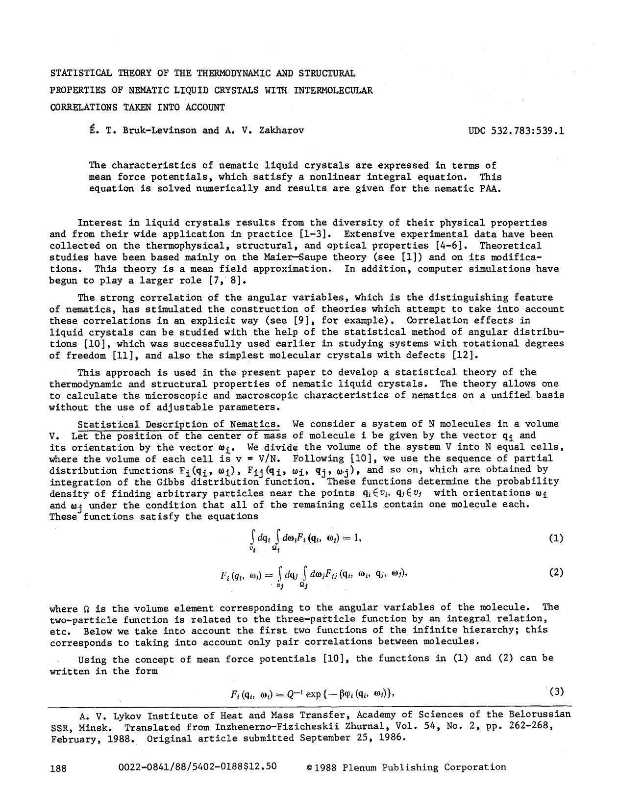 Statistical theory of the thermodynamic and structural properties of nematic liquid crystals with intermolecular correlations taken into account by Unknown