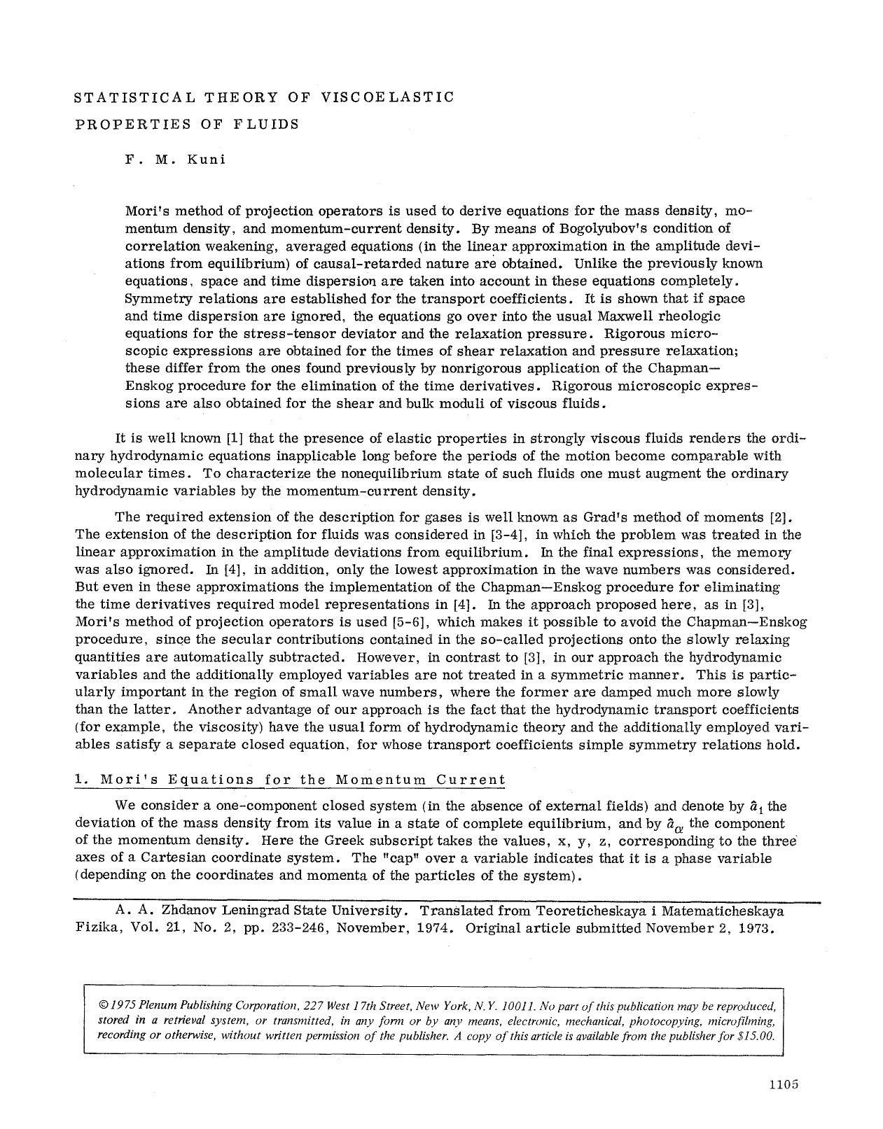 Statistical theory of viscoelastic properties of fluids by Unknown