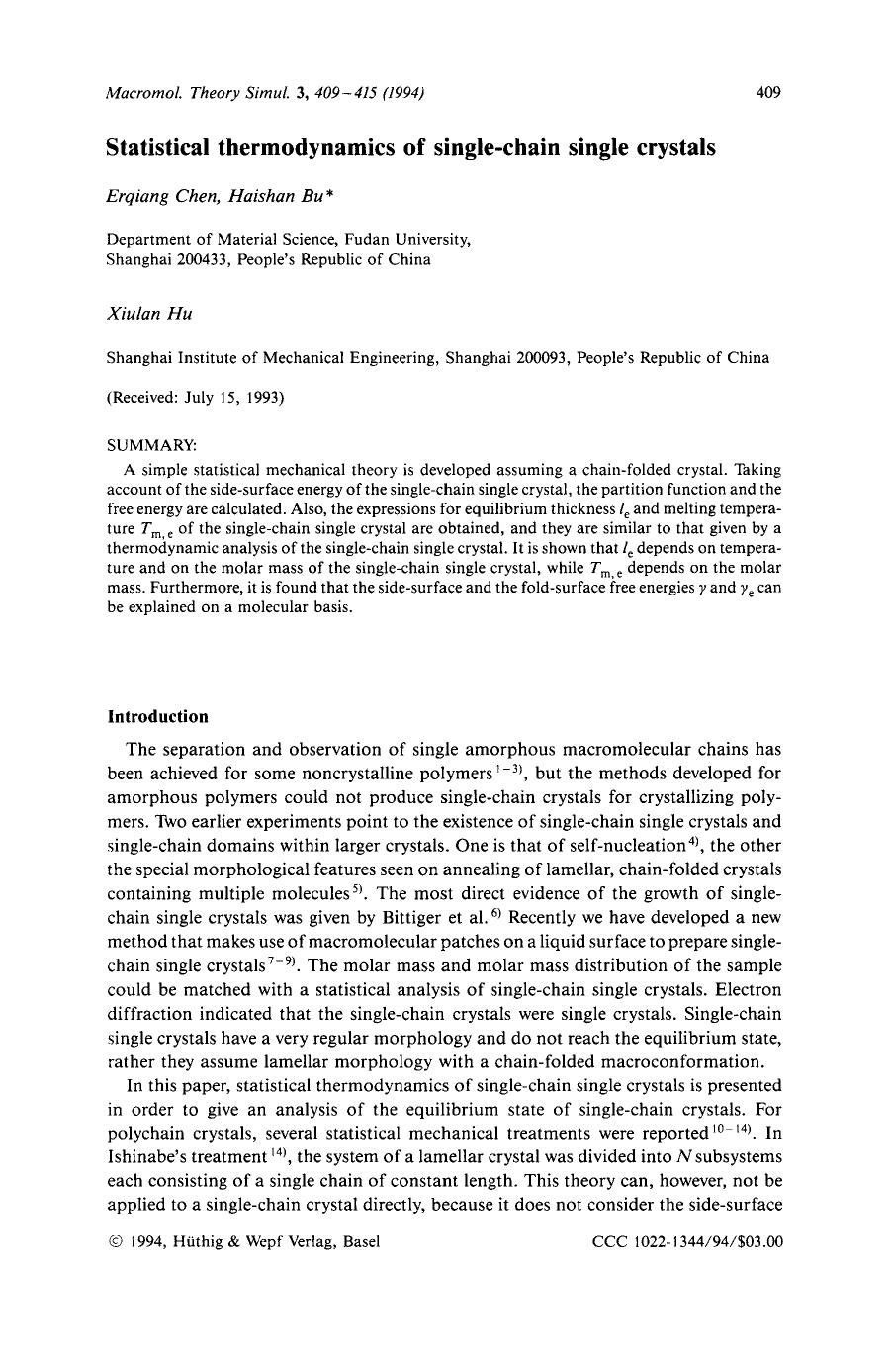 Statistical thermodynamics of single-chain single crystals by Unknown