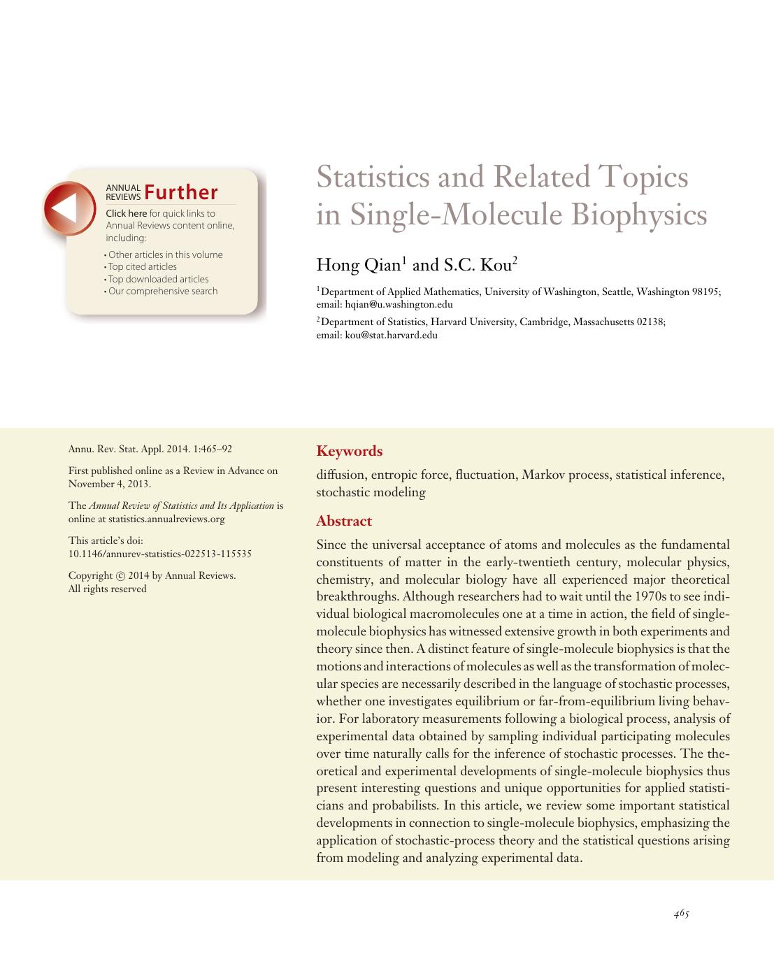 Statistics and Related Topics in Single-Molecule Biophysics by Hong Qian and S.C. Kou