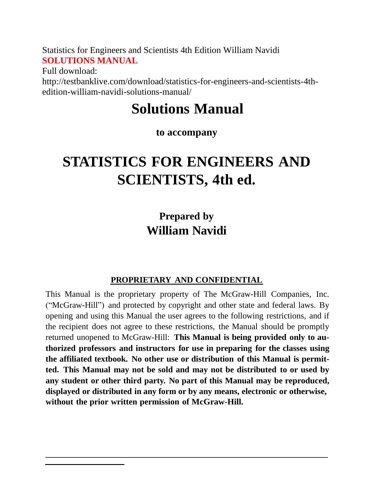 Statistics for Engineers and Scientists Solutions Manual by William Navidi