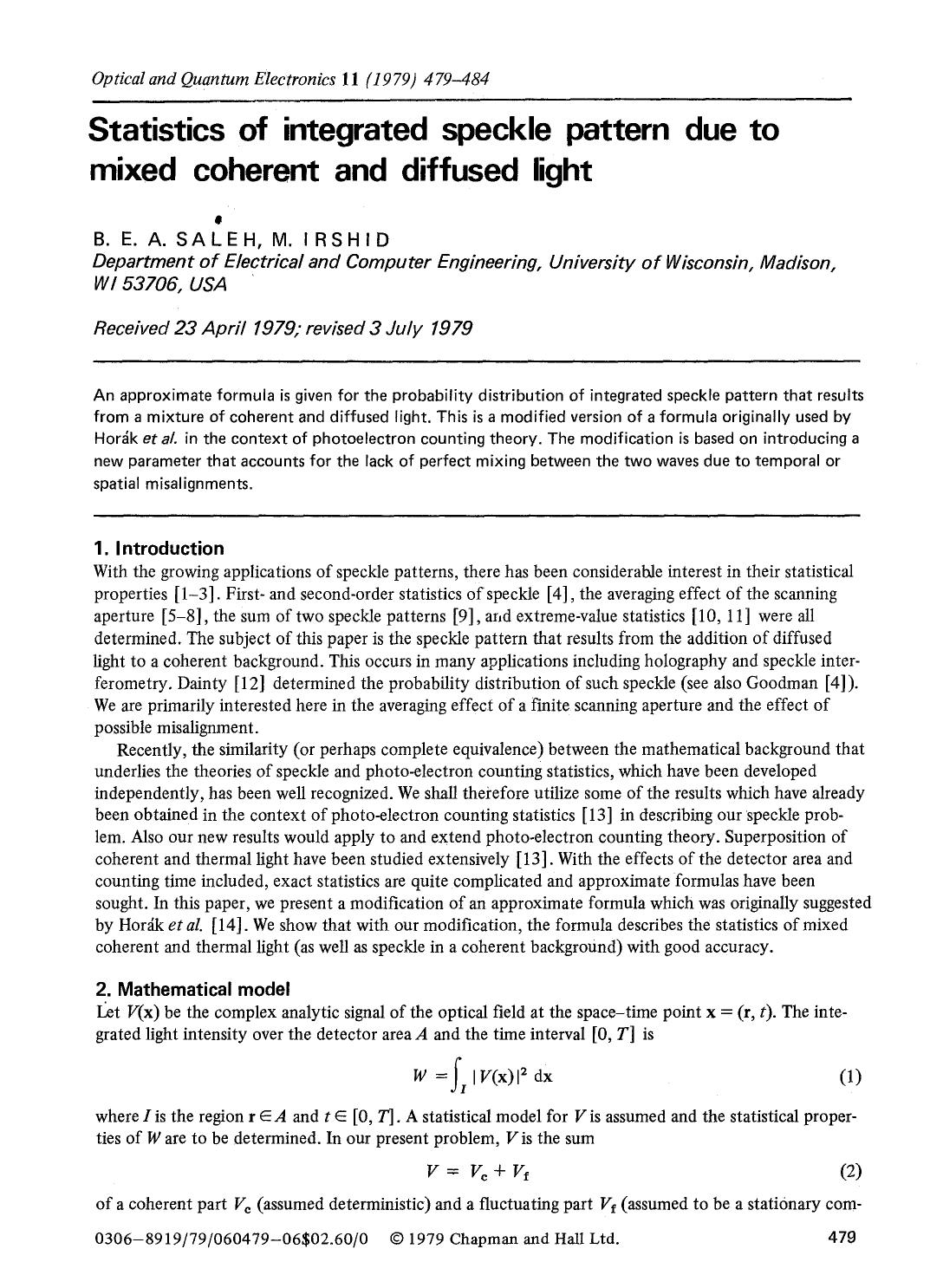 Statistics of integrated speckle pattern due to mixed coherent and diffused light by Unknown