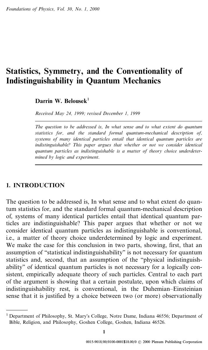Statistics, Symmetry, and the Conventionality of Indistinguishability in Quantum Mechanics by Unknown