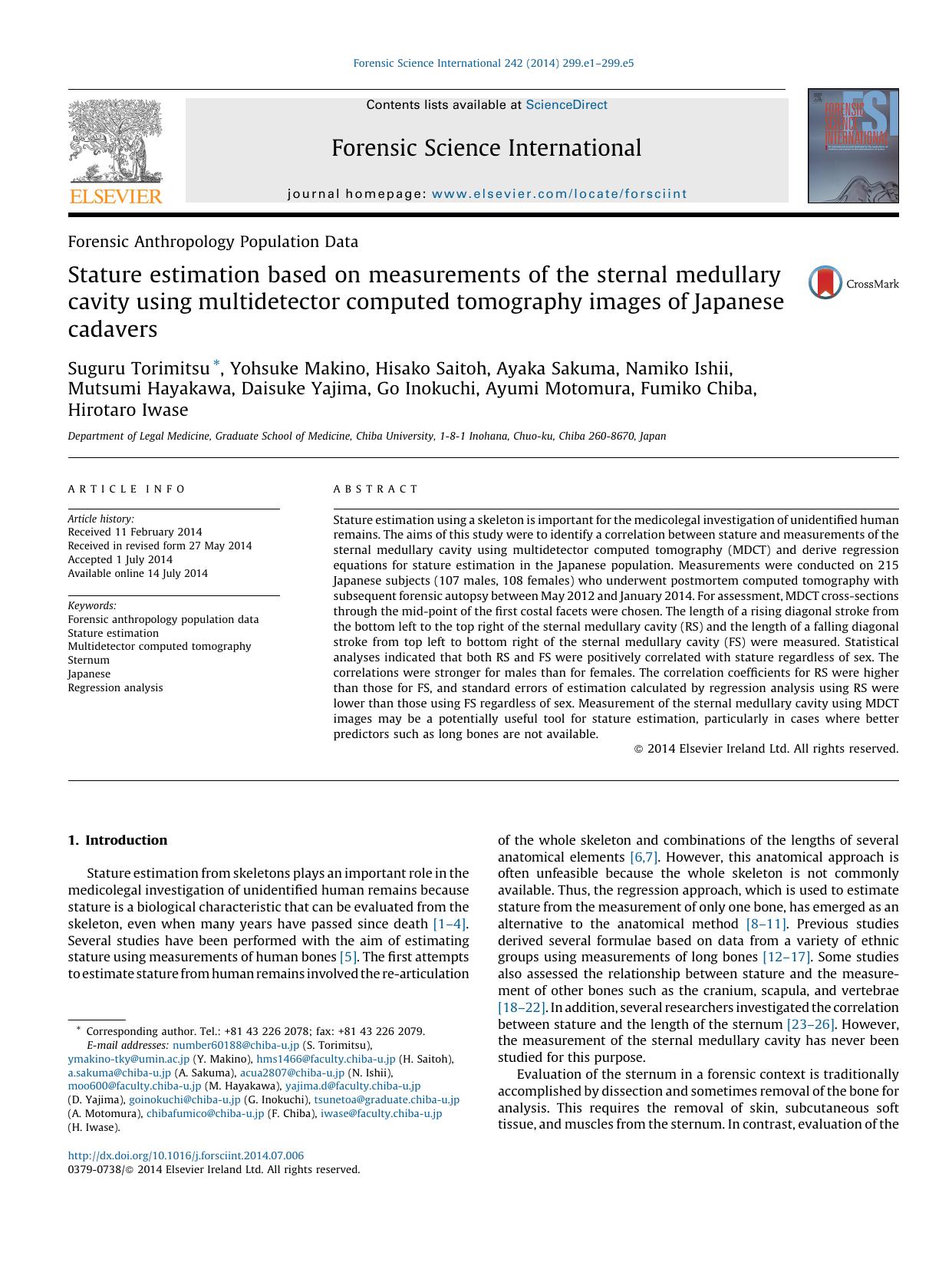 Stature estimation based on measurements of the sternal medullary cavity using multidetector computed tomography images of Japanese cadavers by unknow