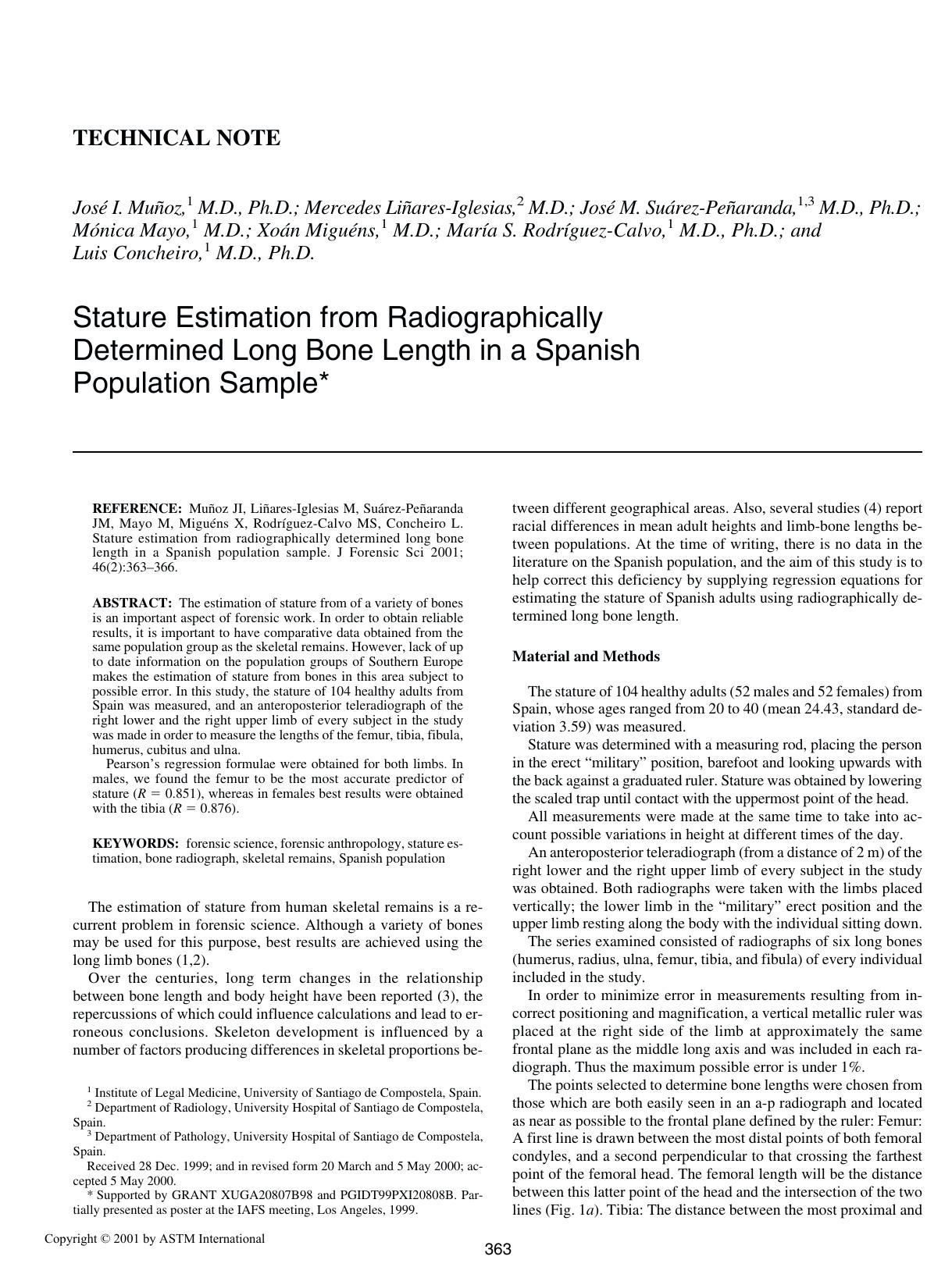 Stature estimation from radiographically determined long bone length in a Spanish population sample by unknow