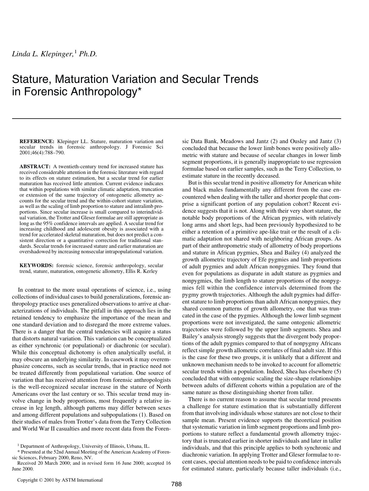 Stature, maturation variation and secular trends in forensic anthropology by Klepinger LL