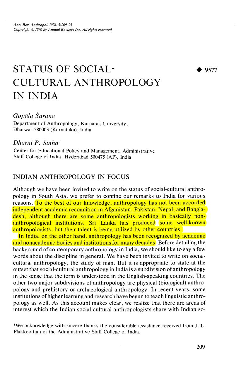 Status Of Social-Cultural Anthropology In India by Unknown