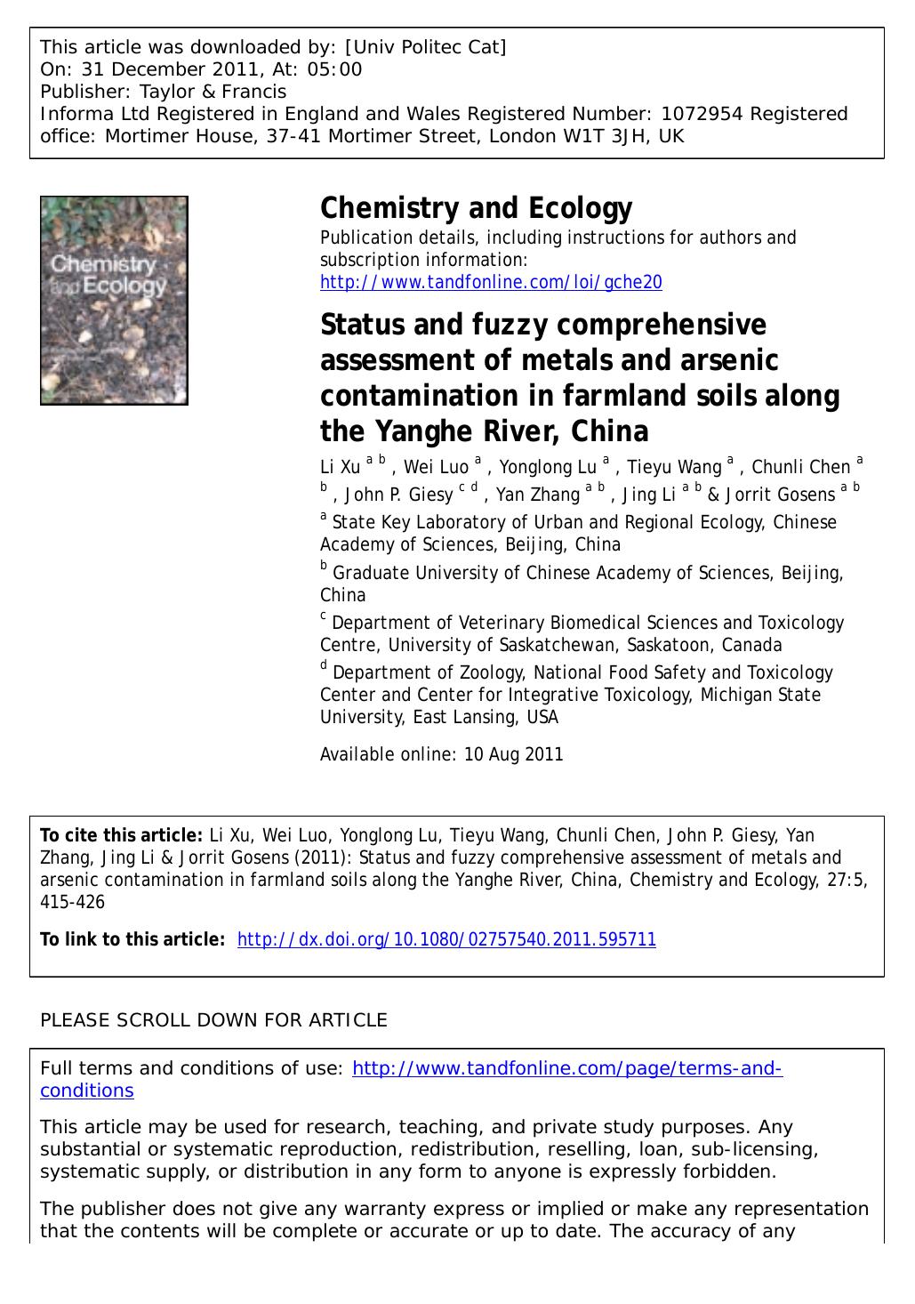 Status and fuzzy comprehensive assessment of metals and arsenic contamination in farmland soils along the Yanghe River, China by unknow