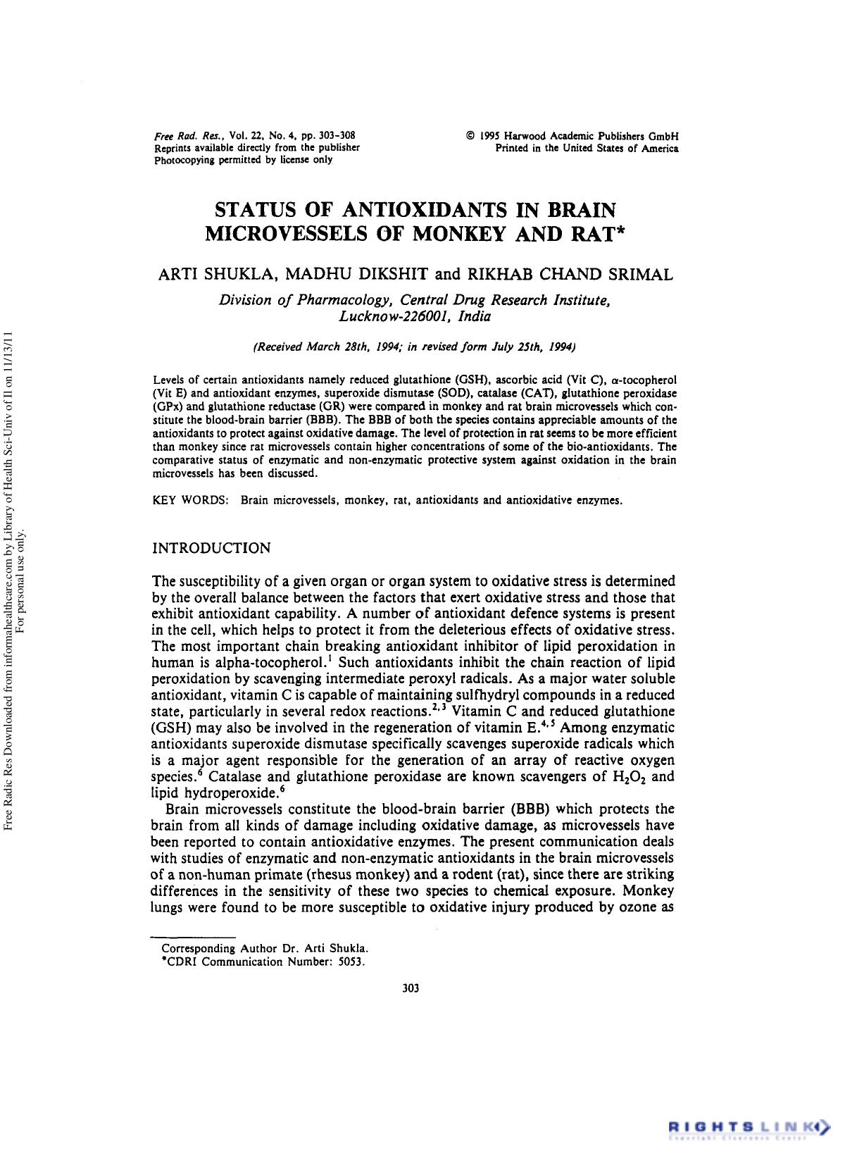 Status of Antioxidants in Brain Microvessels of Monkey and Rat by Arti Shukla1 Madhu Dikshit1 & Rikhab Chand Srimal1