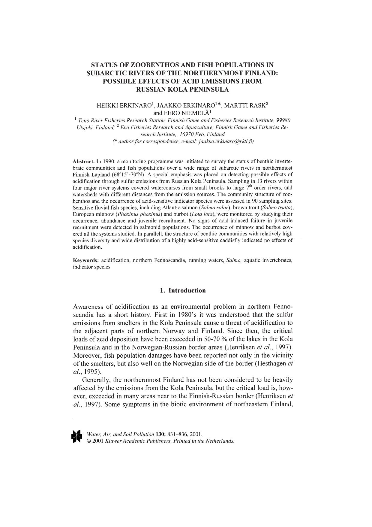 Status of Zoobenthos and Fish Populations in Subarctic Rivers of the Northernmost Finland: Possible Effects of Acid Emissions from Russian Kola Peninsula by Unknown
