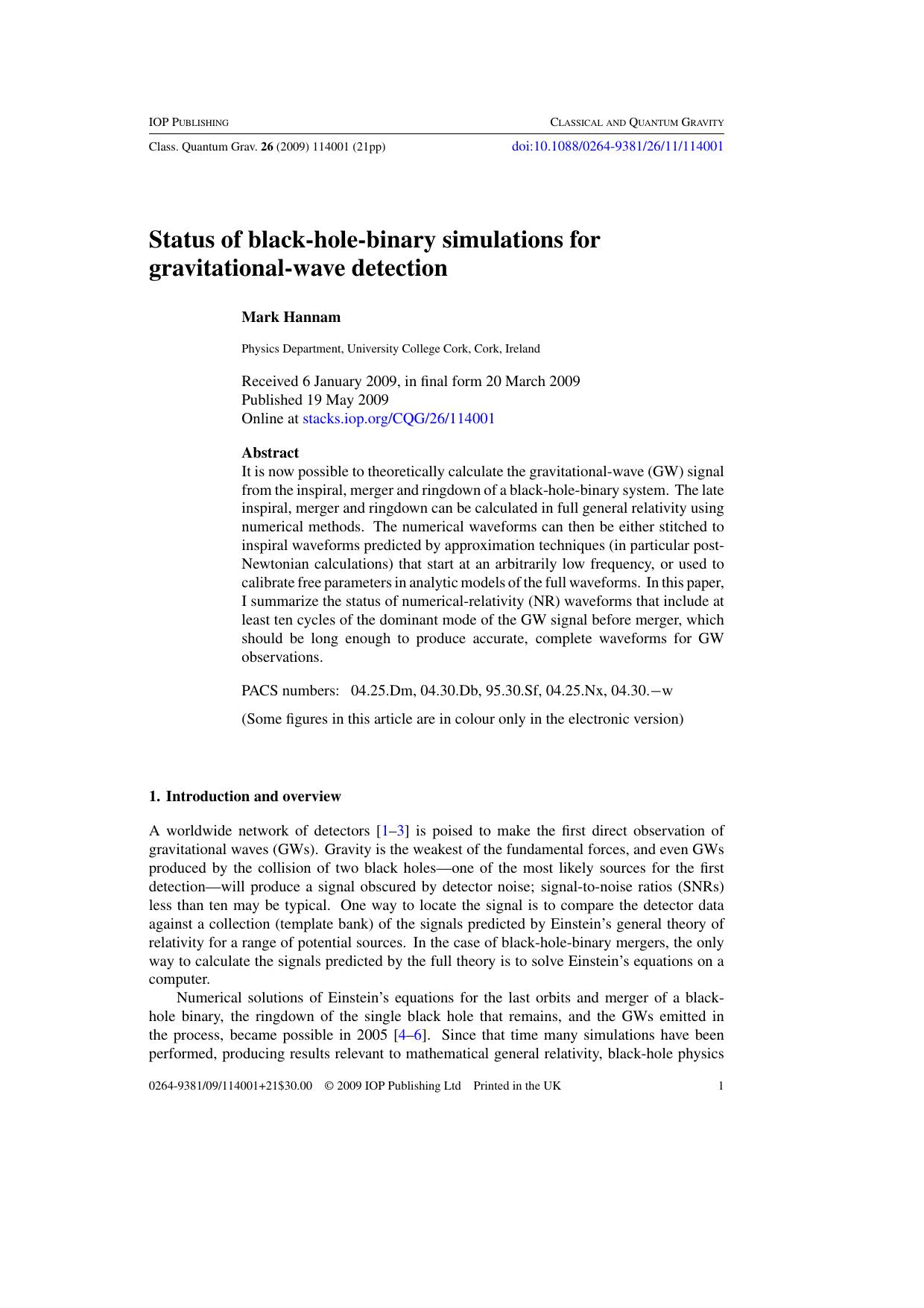Status of black-hole-binary simulations for ravitational-wave detection by M Hannam