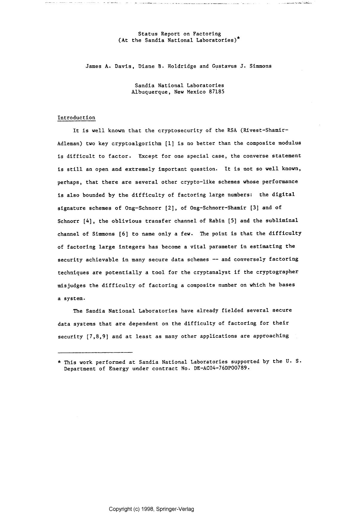Status report on factoring (at the Sandia National Labs) by Davis J. A. Holdridge D. B. & Simmons G. J