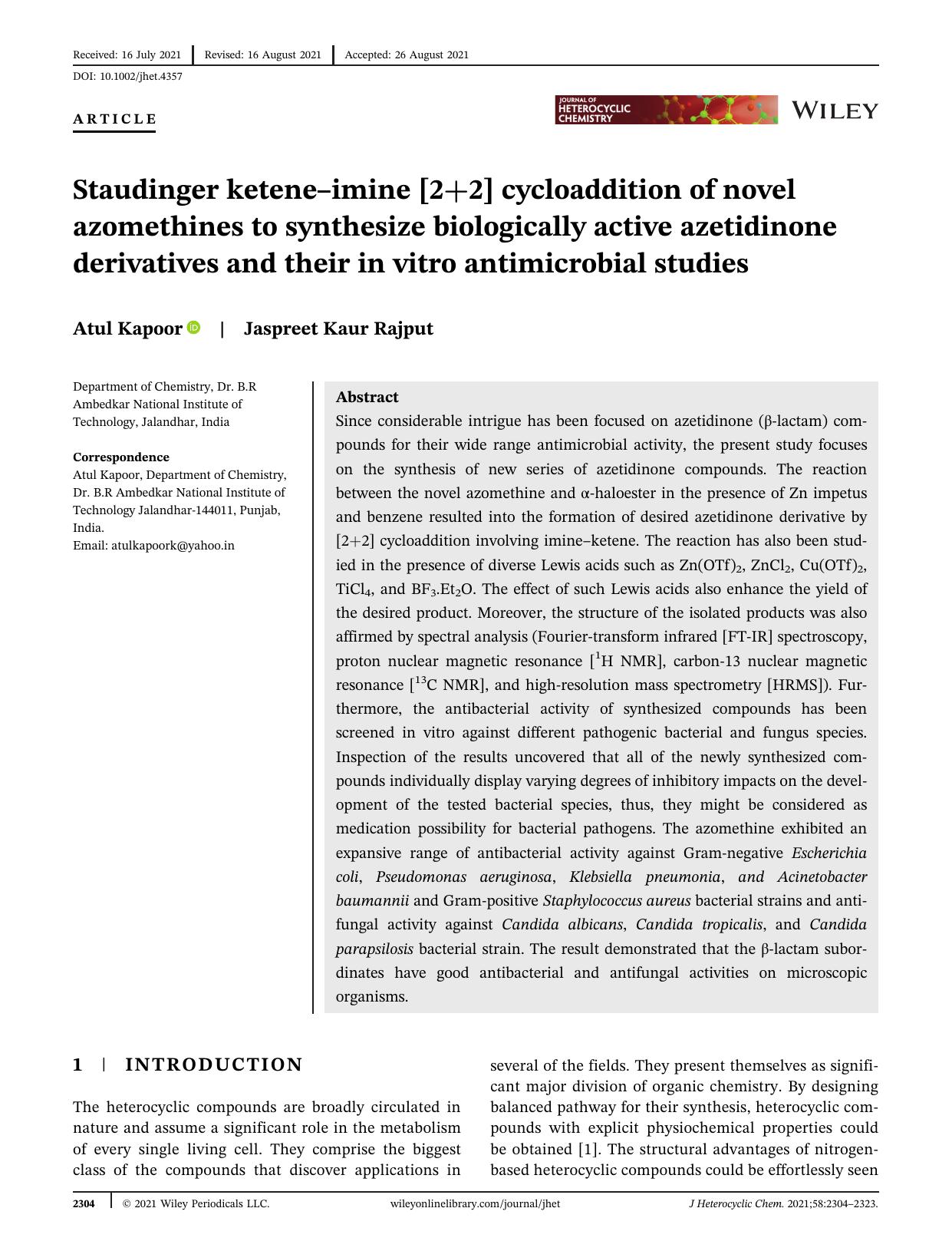 Staudinger Ketene-Imine [2+2] Cycloaddition of Novel Azomethines to Synthesize Biologically Active Azetidinone Derivatives and their in vitro Antimicrobial Studies by Unknown