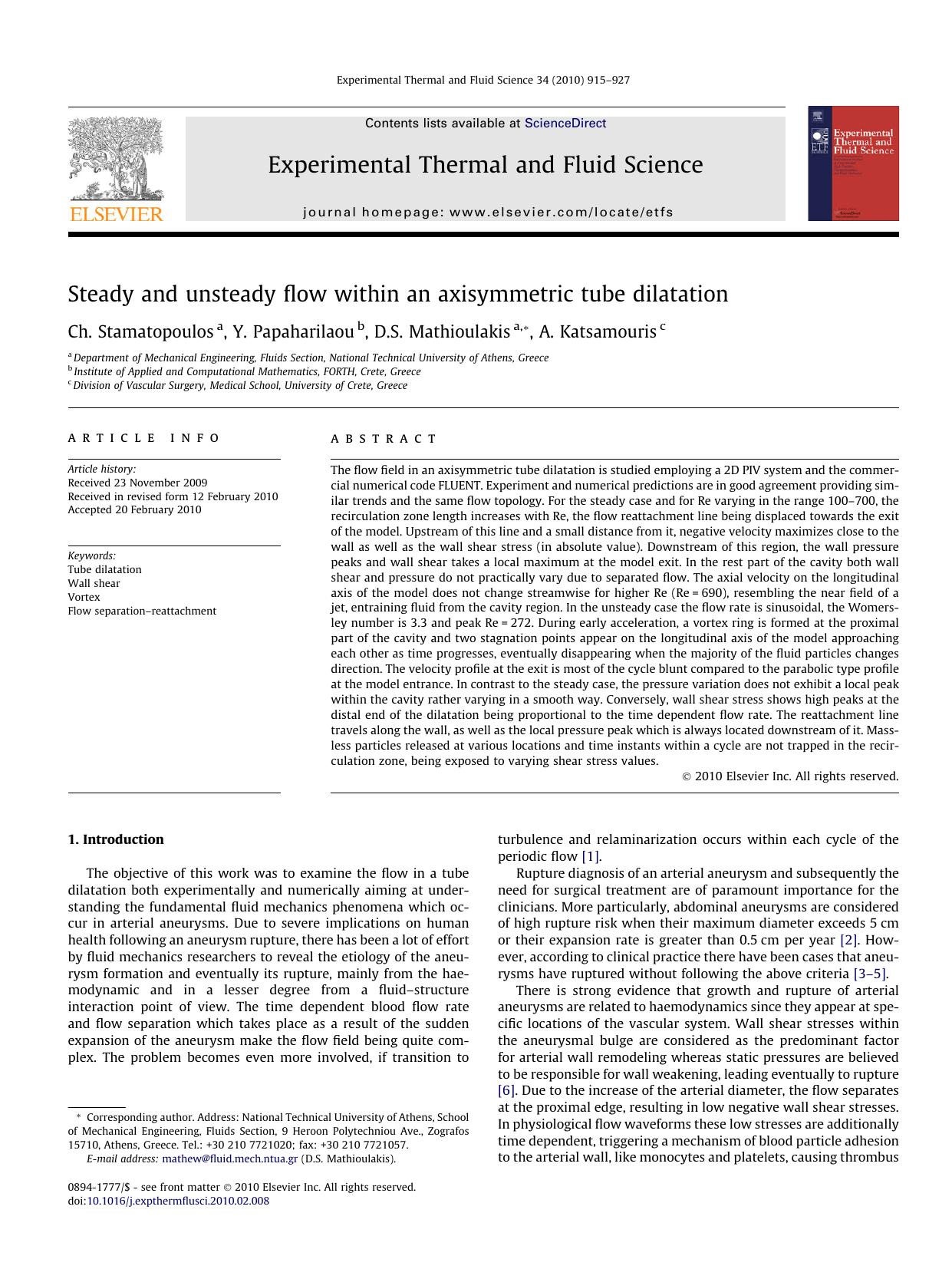 Steady and unsteady flow within an axisymmetric tube dilatation by Ch. Stamatopoulos; Y. Papaharilaou; D.S. Mathioulakis; A. Katsamouris