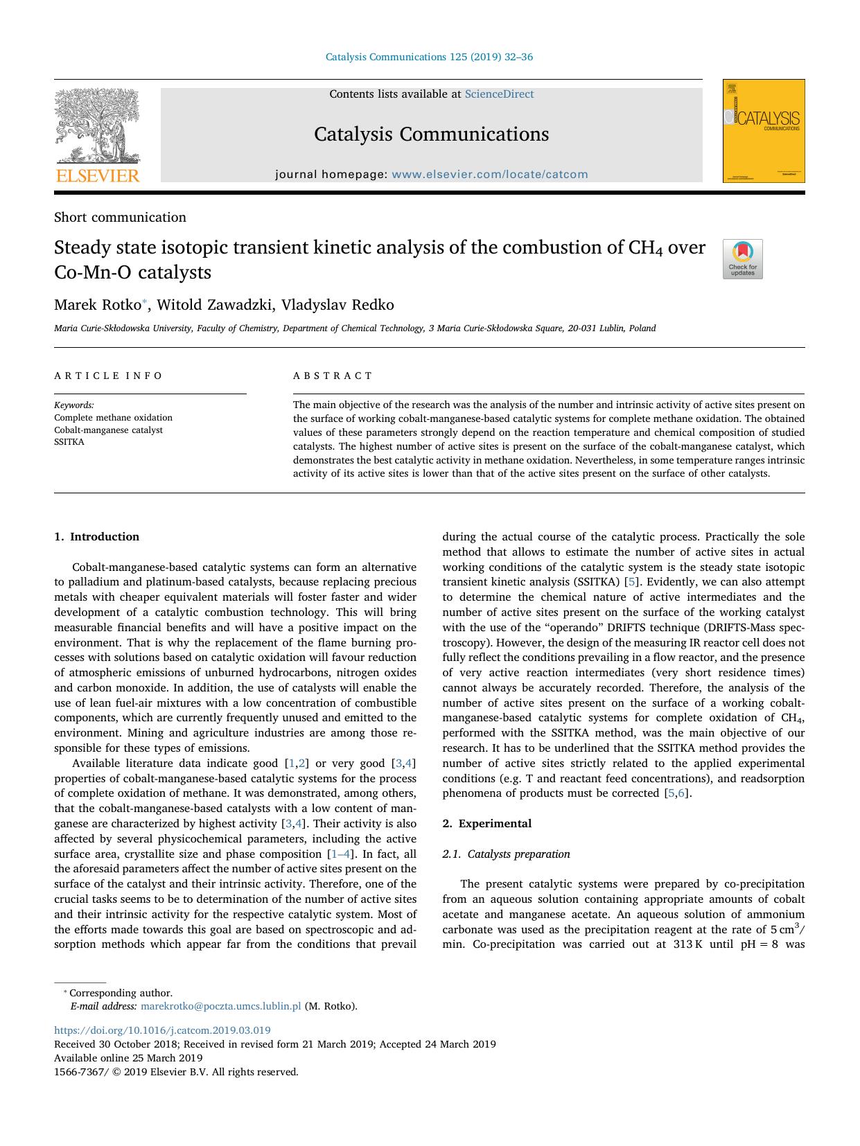 Steady state isotopic transient kinetic analysis of the combustion of CH4 over Co-Mn-O catalysts by Marek Rotko & Witold Zawadzki & Vladyslav Redko
