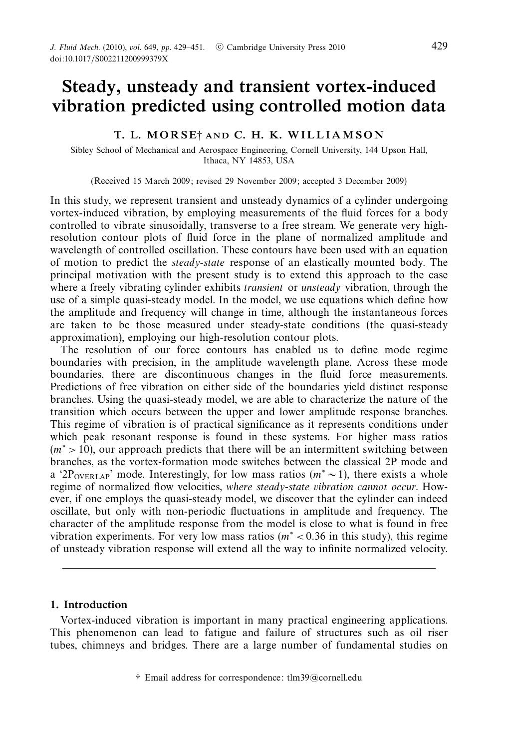 Steady, unsteady and transient vortex-induced vibration predicted using controlled motion data by T. L. MORSE C. H. K. WILLIAMSON