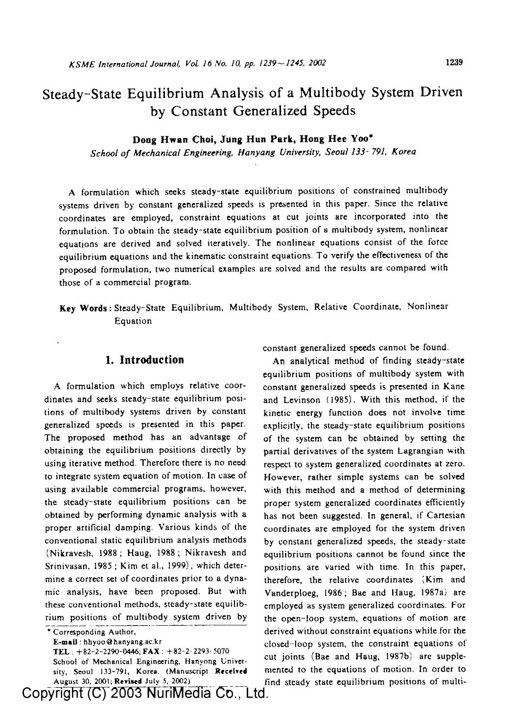 Steady-state equilibrium analysis of a multibody system driven by constant generalized speeds by Unknown