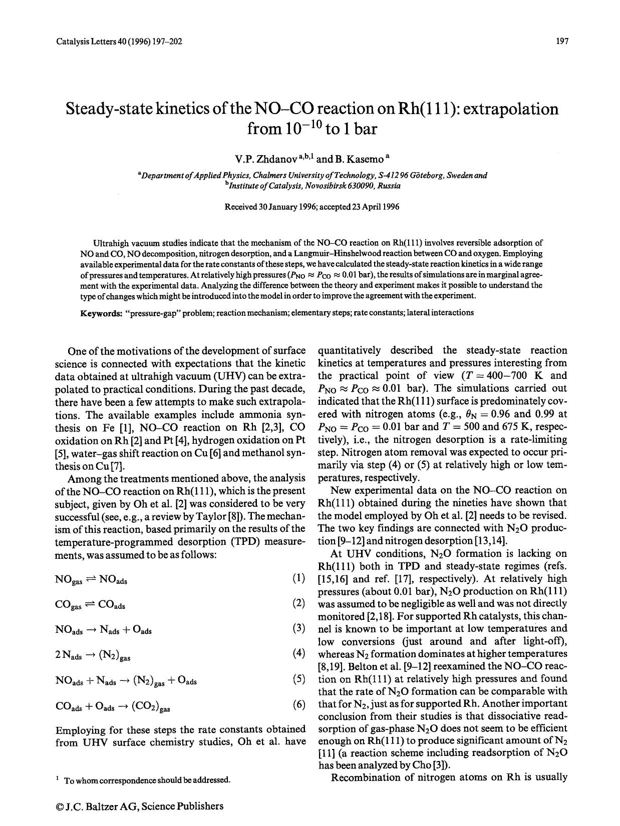 Steady-state kinetics of the NO-CO reaction on Rh(111): extrapolation from 10 <Superscript>−10 <Superscript> to 1 bar by Unknown