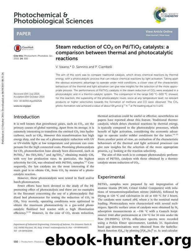 Steam reduction of CO2 on PdTiO2 catalysts: a comparison between thermal and photocatalytic reactions by V. Vaiano D. Sannino P. Ciambelli