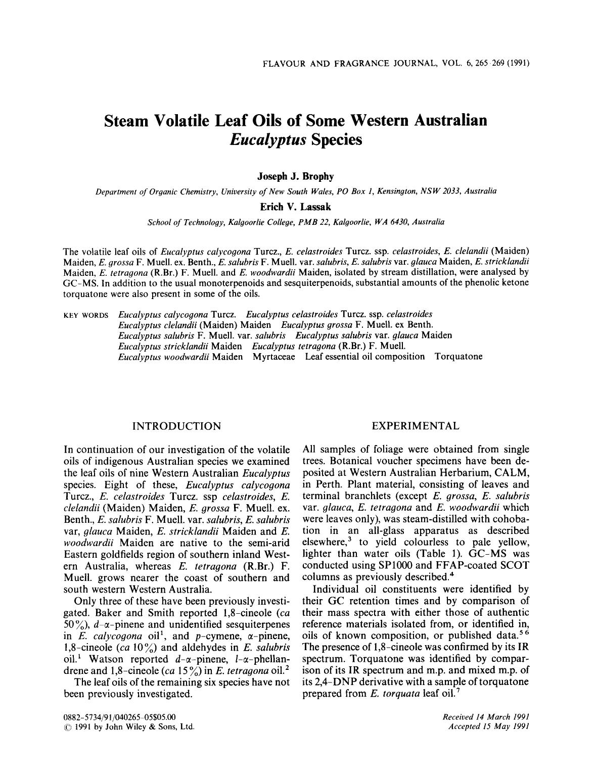Steam volatile leaf oils of some Western Australian Eucalyptus species by Unknown