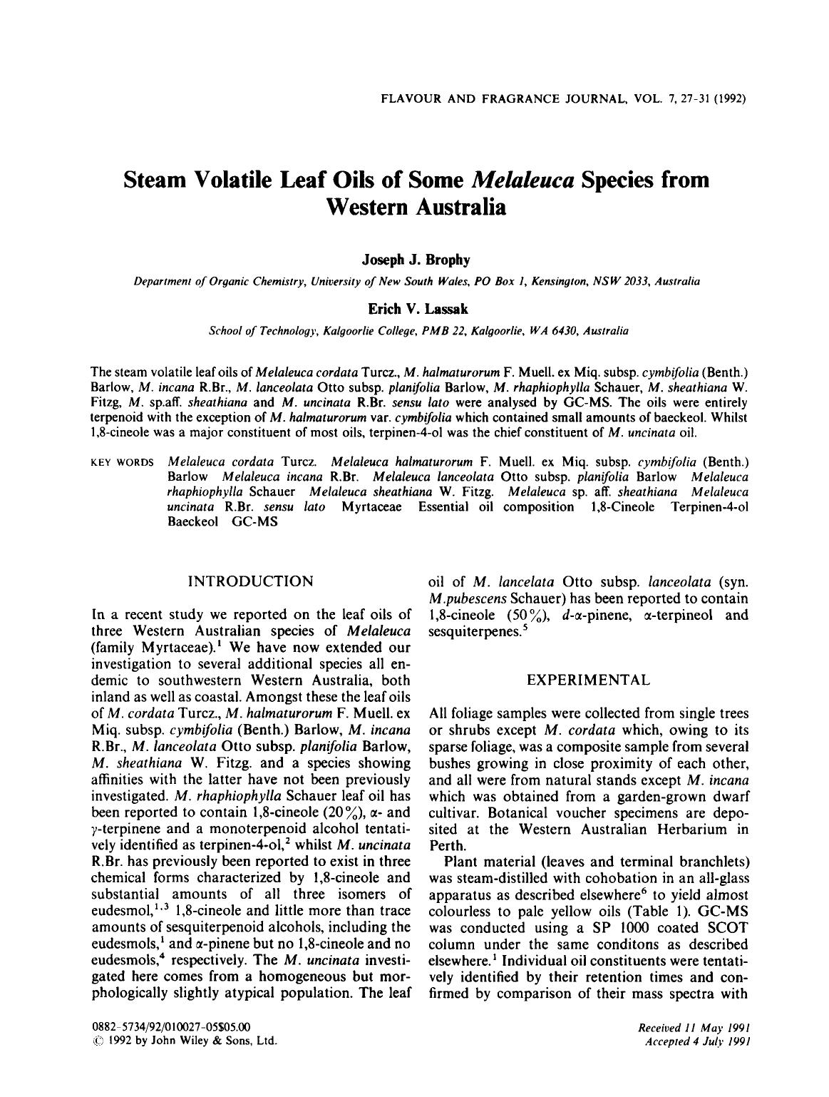 Steam volatile leaf oils of some melaleuca species from western Australia by Unknown