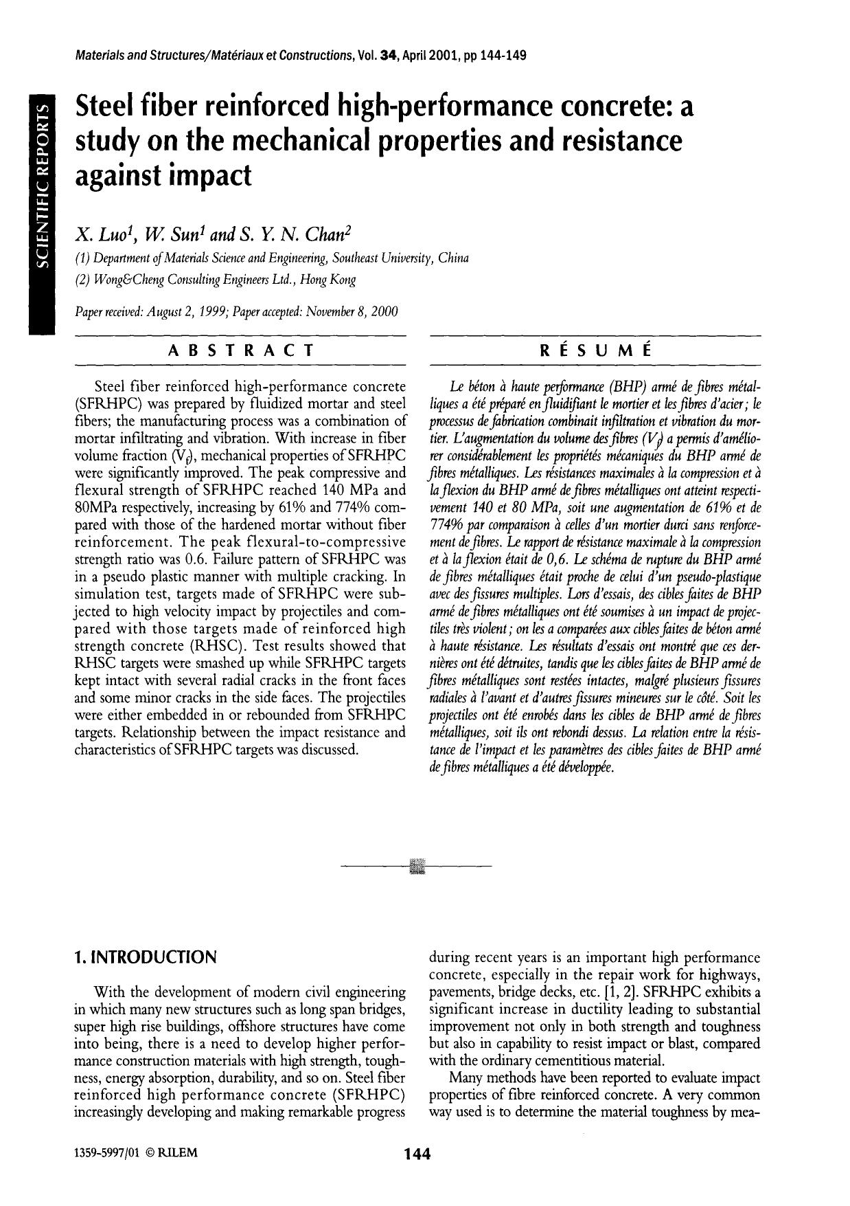 Steel fiber reinforced high-performance concrete: a study on the mechanical properties and resistance against impact by Unknown