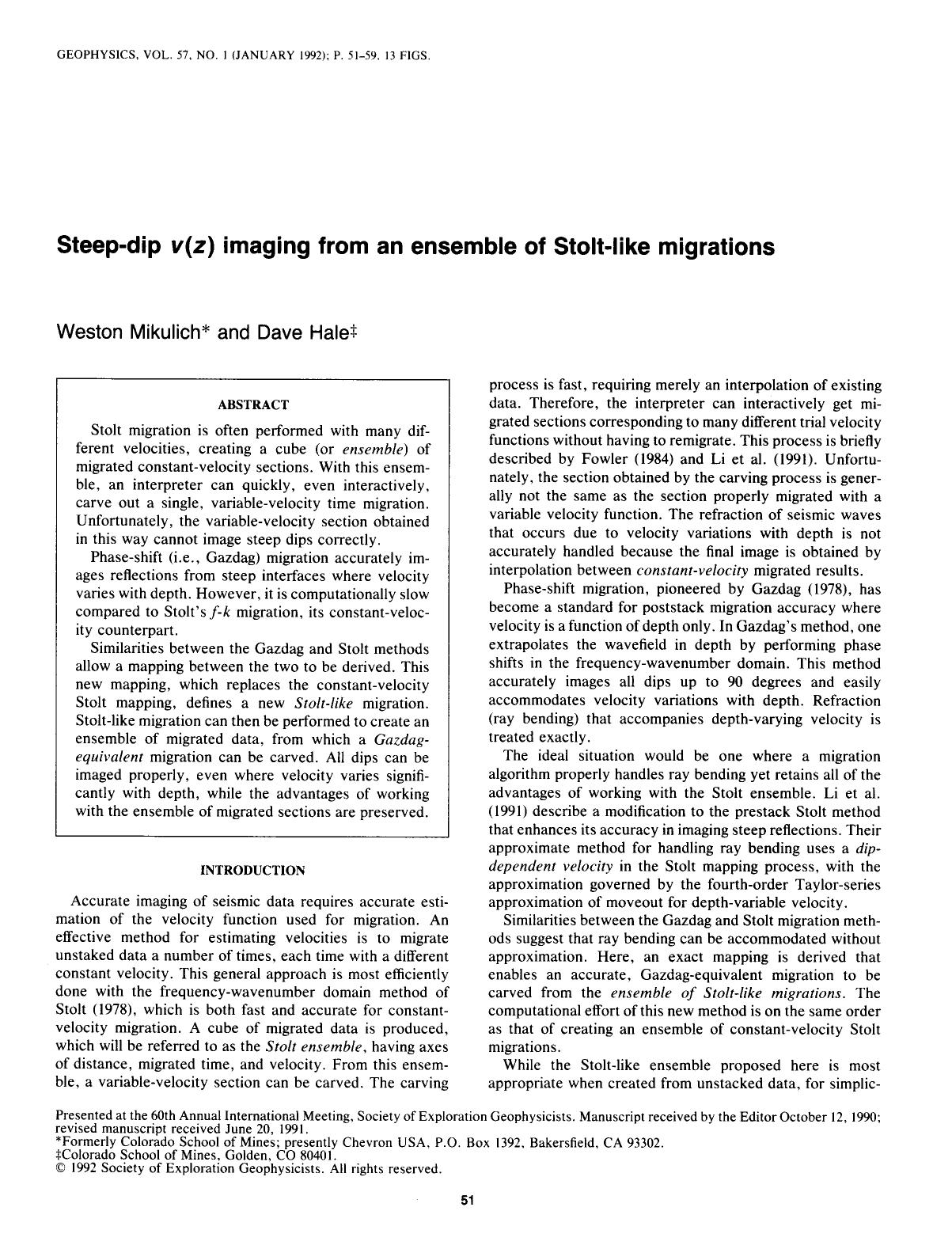 Steep-dip v(z) imaging from an ensemble of Stolt-like migrations by Mikulich W.; Hale D