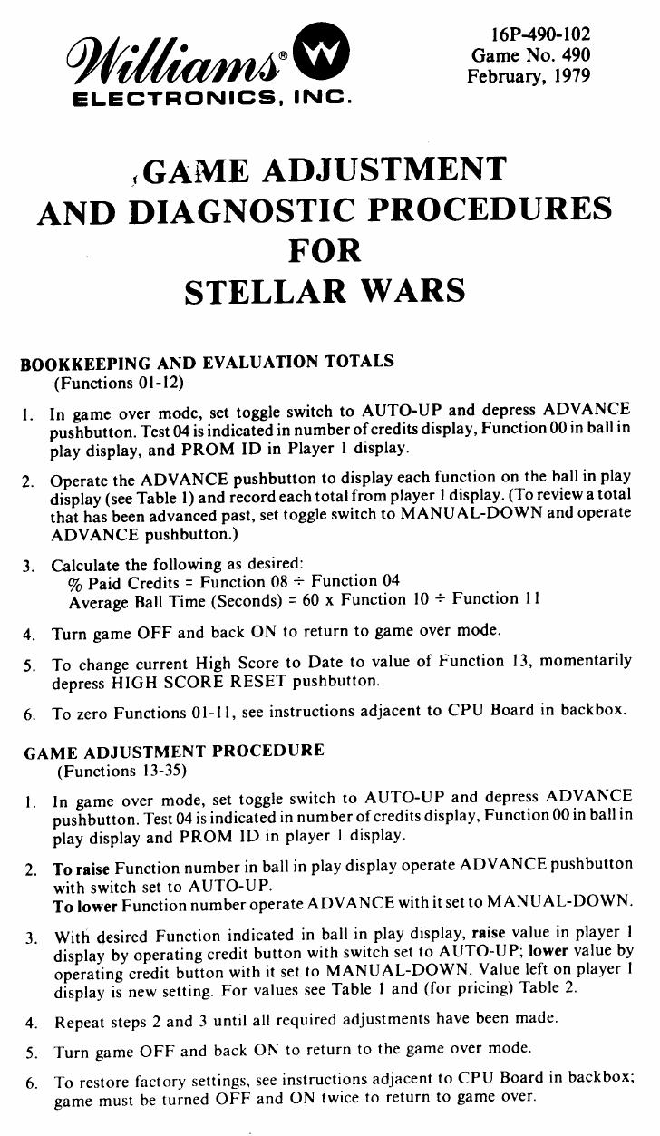 Stellar Wars Operators Manual by Williams Electronics Inc
