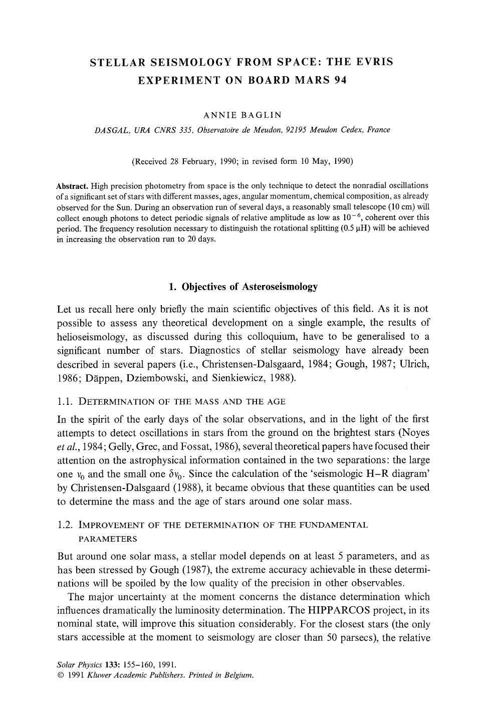 Stellar seismology from space: The Evris experiment on board Mars 94 by Unknown