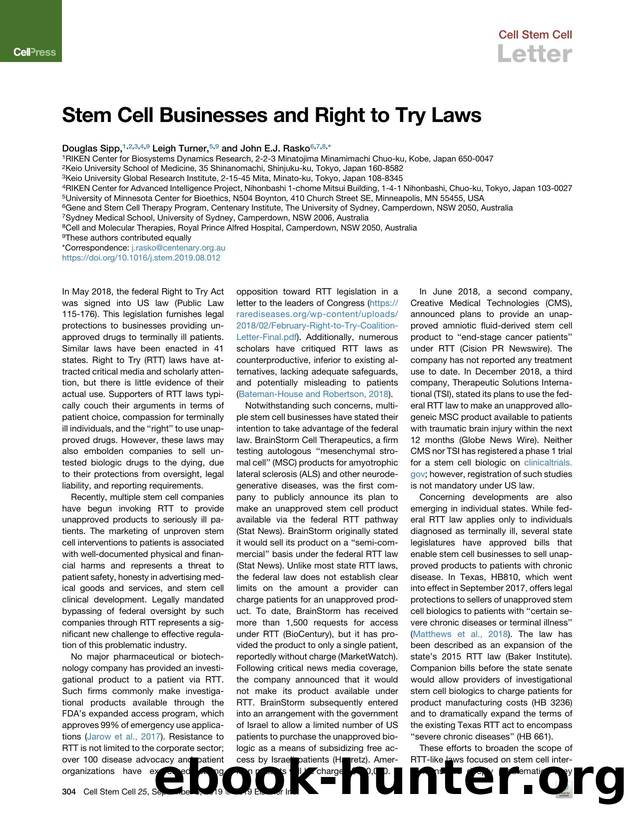 Stem Cell Businesses and Right to Try Laws by Douglas Sipp & Leigh Turner & John E.J. Rasko