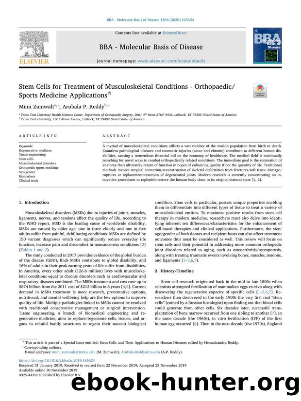 Stem Cells for Treatment of Musculoskeletal Conditions - OrthopaedicSports Medicine Applications by Mimi Zumwalt & Arubala P. Reddy