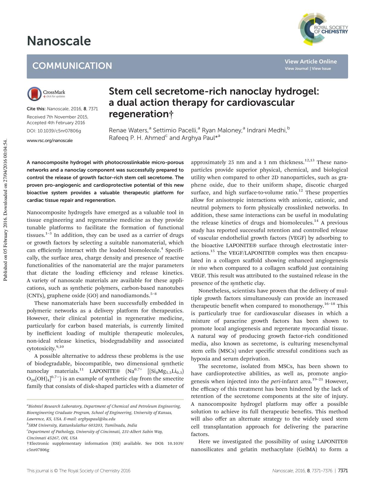 Stem cell secretome-rich nanoclay hydrogel: a dual action therapy for cardiovascular regeneration by Renae Waters Settimio Pacelli Ryan Maloney Indrani Medhi Rafeeq P. H. Ahmed Arghya Paul