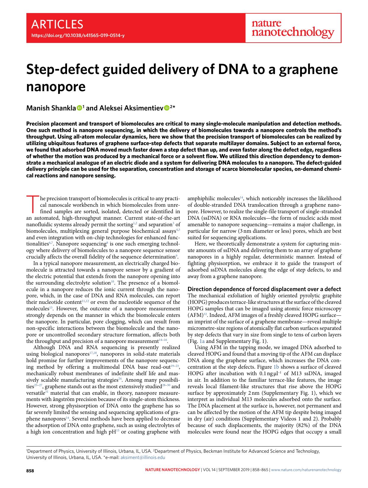 Step-defect guided delivery of DNA to a graphene nanopore by Manish Shankla & Aleksei Aksimentiev