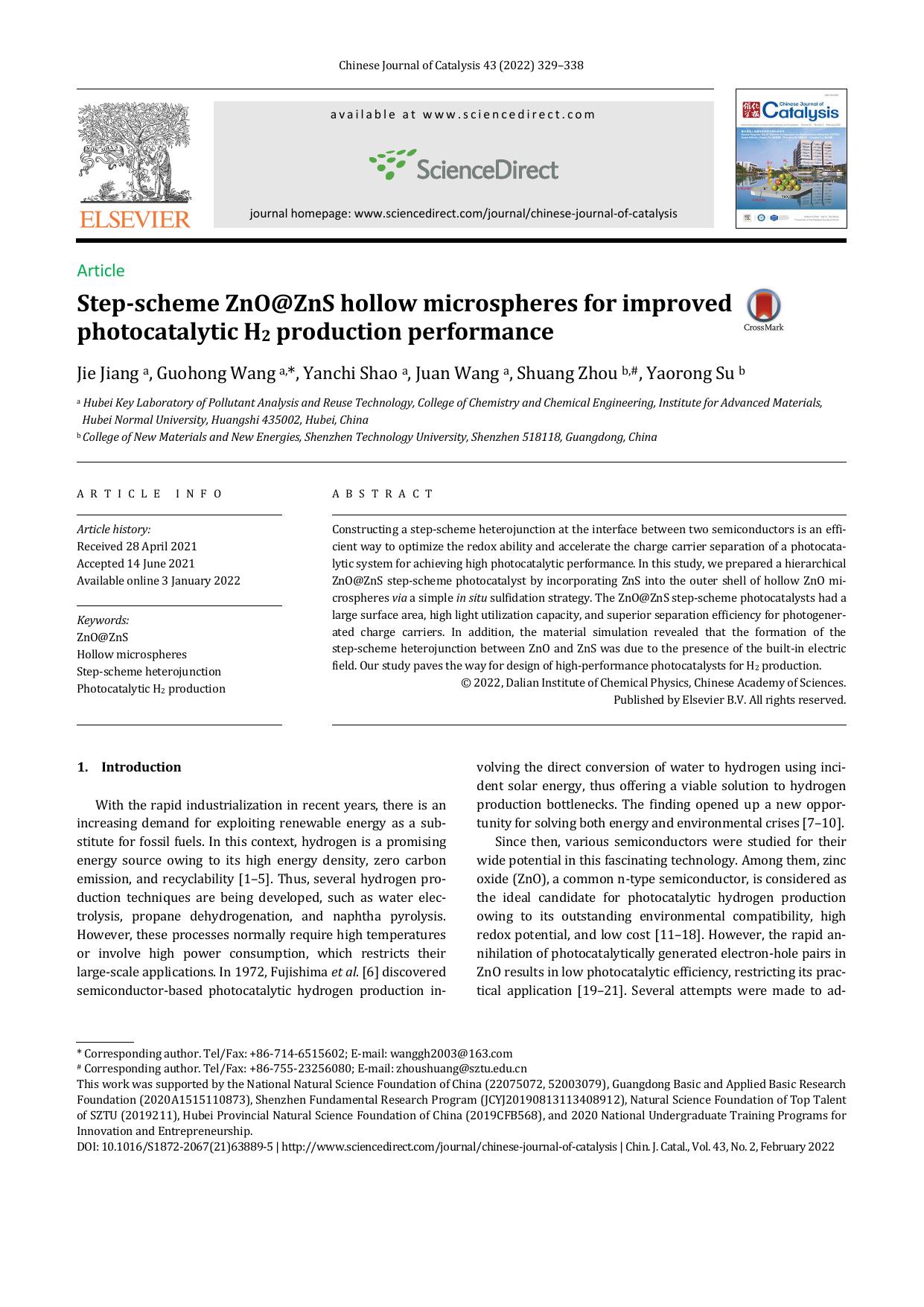 Step-scheme ZnO@ZnS hollow microspheres for improved photocatalytic H2 production performance by Jie Jiang & Guohong Wang & Yanchi Shao & Juan Wang & Shuang Zhou & Yaorong Su
