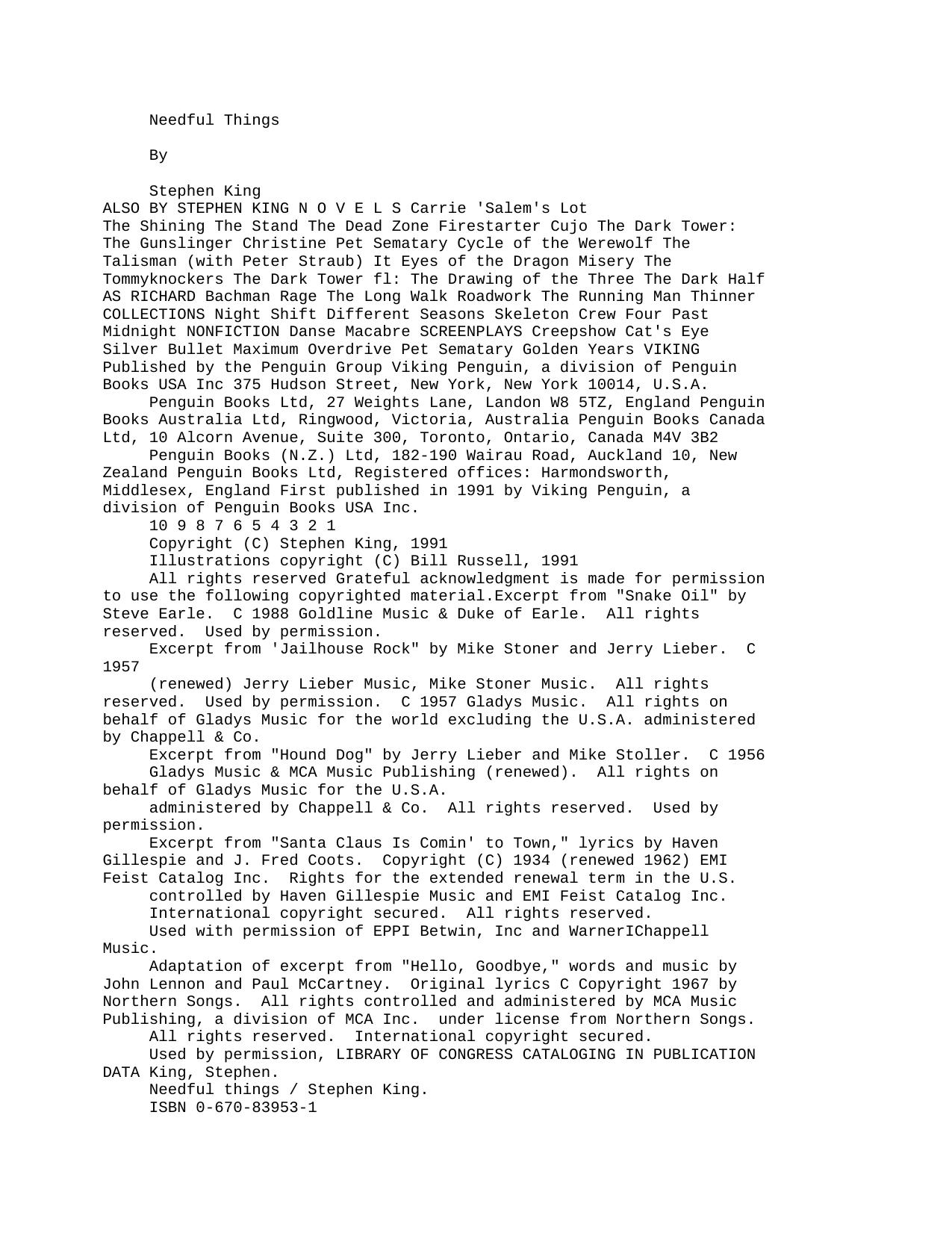 Stephen King Needful Things by Unknown