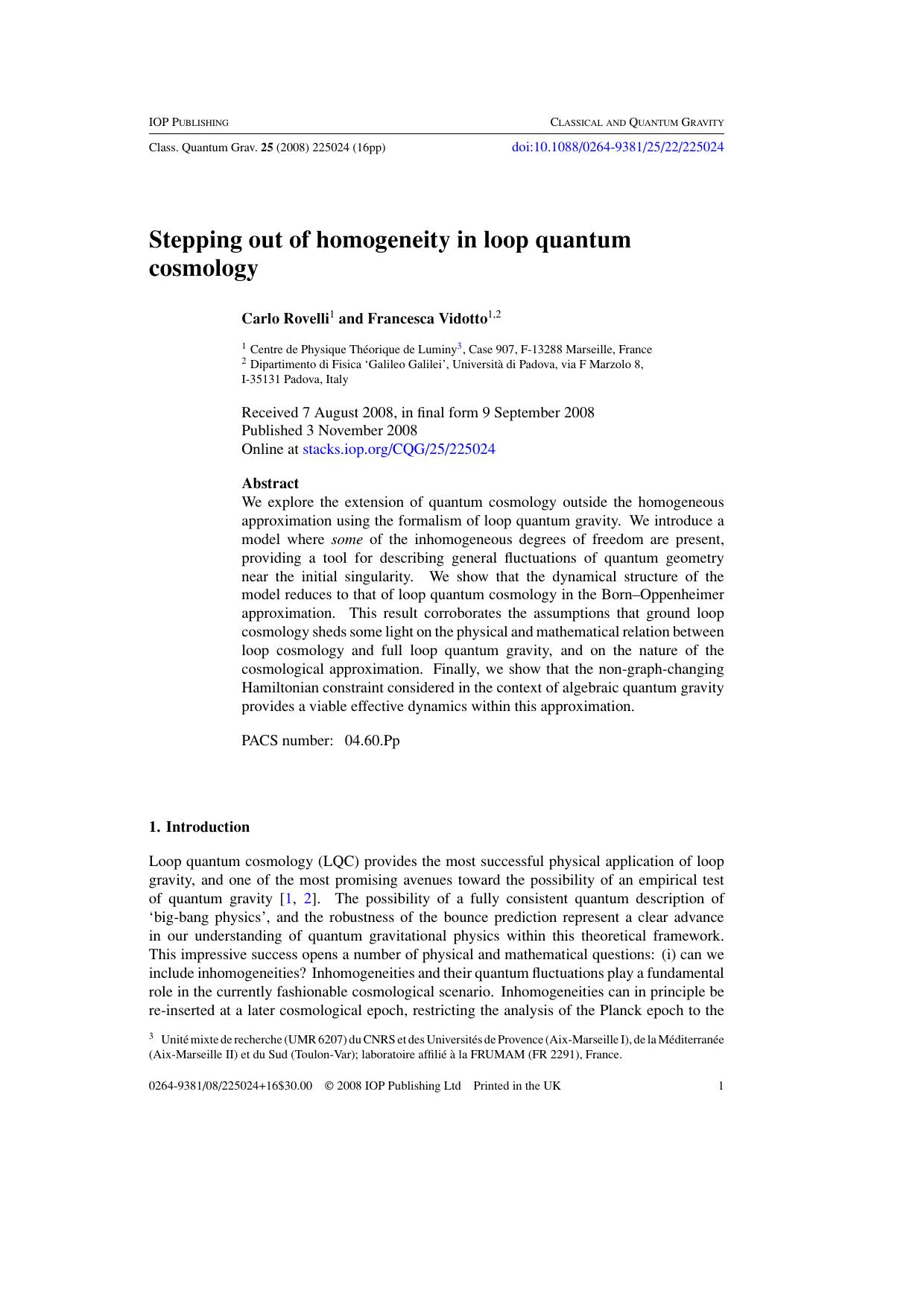 Stepping out of homogeneity in loop quantum cosmology by C Rovelli and F Vidotto