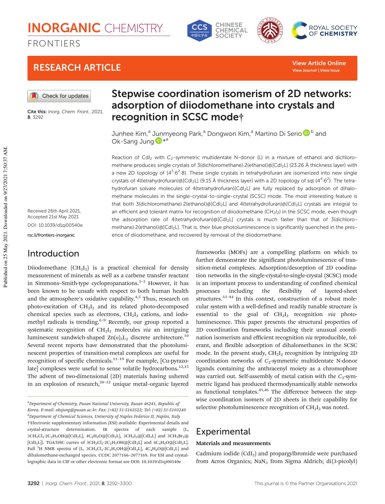 Stepwise coordination isomerism of 2D networks: adsorption of diiodomethane into crystals and recognition in SCSC mode by Junhee Kim Junmyeong Park Dongwon Kim Martino Di Serio Ok-Sang Jung