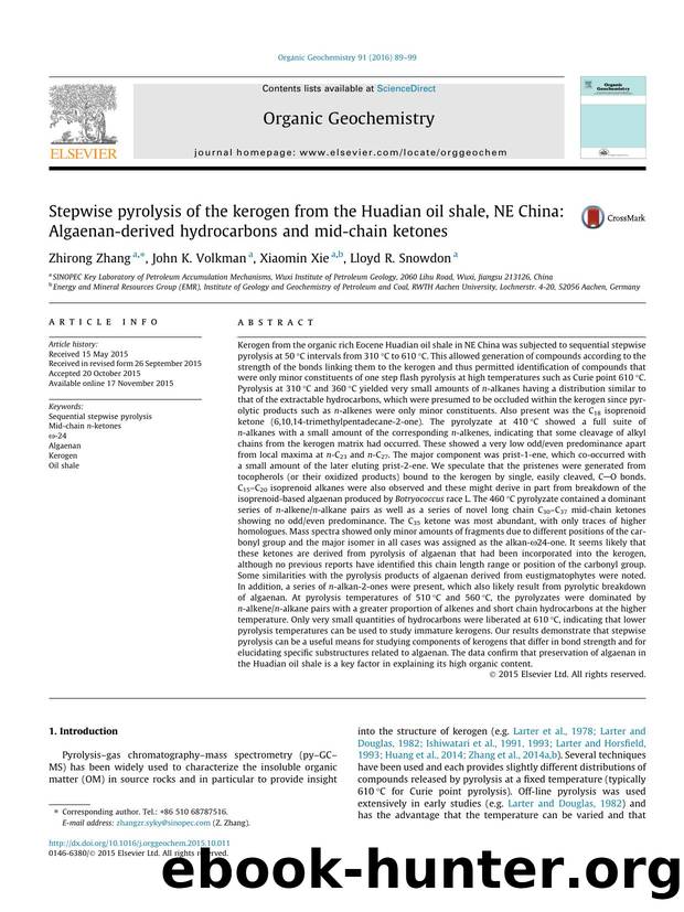 Stepwise pyrolysis of the kerogen from the Huadian oil shale, NE China: Algaenan-derived hydrocarbons and mid-chain ketones by Zhirong Zhang & John K. Volkman & Xiaomin Xie & Lloyd R. Snowdon
