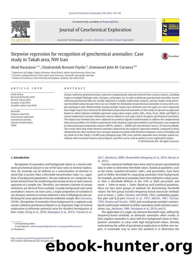 Stepwise regression for recognition of geochemical anomalies: Case study in Takab area, NW Iran by Ahad Nazarpour & Ghodratolah Rostami Paydar & Emmanuel John M. Carranza