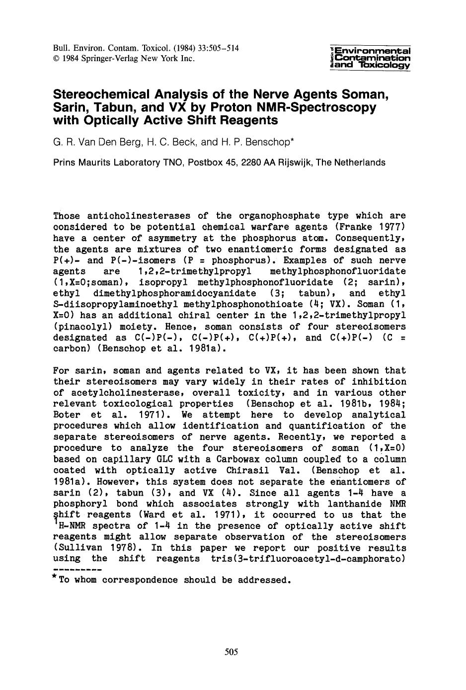Stereochemical analysis of the nerve agents soman, sarin, tabun, and VX by proton NMR-spectroscopy with optically active shift reagents by Unknown