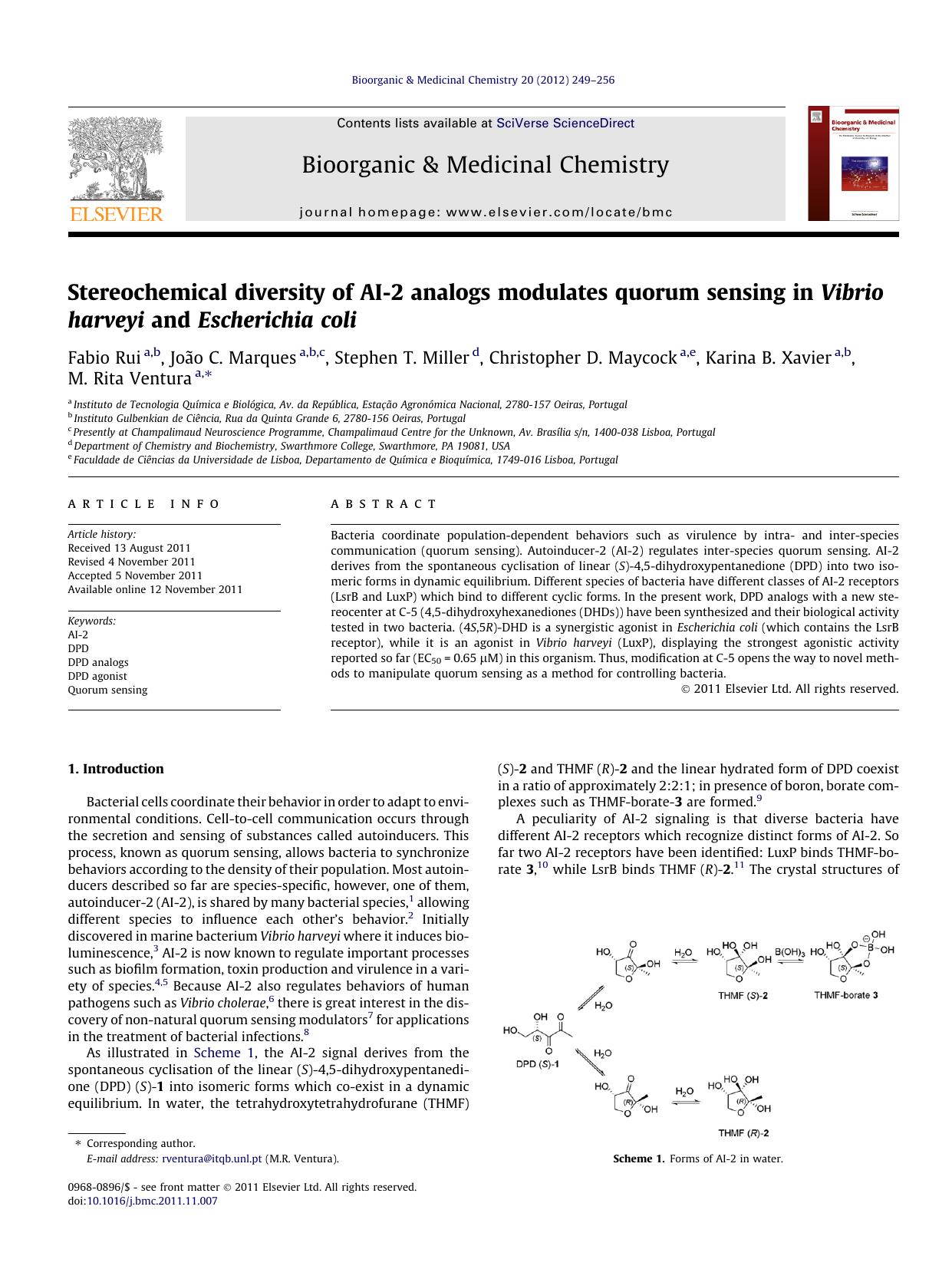 Stereochemical diversity of AI-2 analogs modulates quorum sensing in Vibrio harveyi and Escherichia coli by unknow